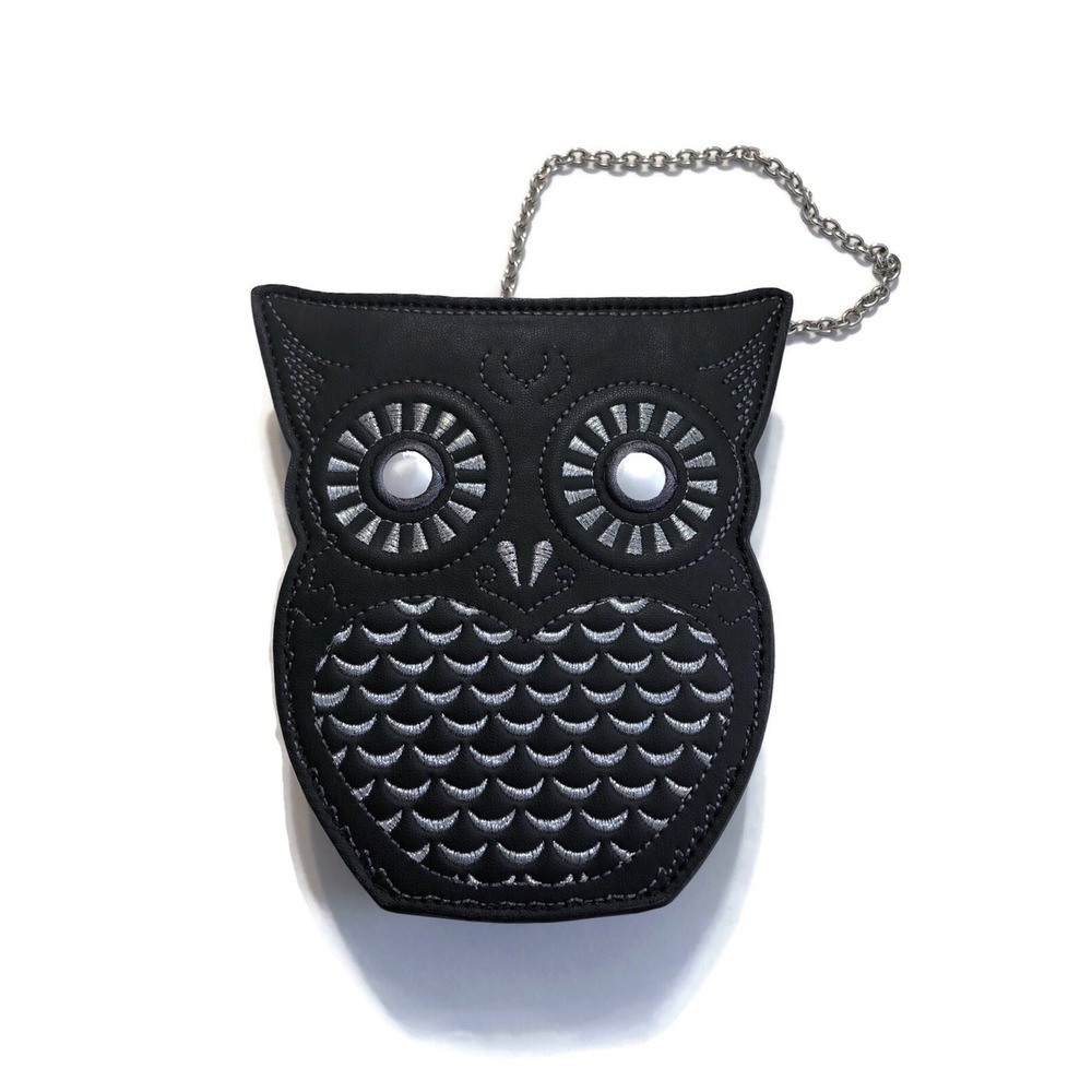 BCBG Max Azria Bag Womens Black Faux Leather Embroidered Owl Chain Zip Wristlet - Picture 5 of 9